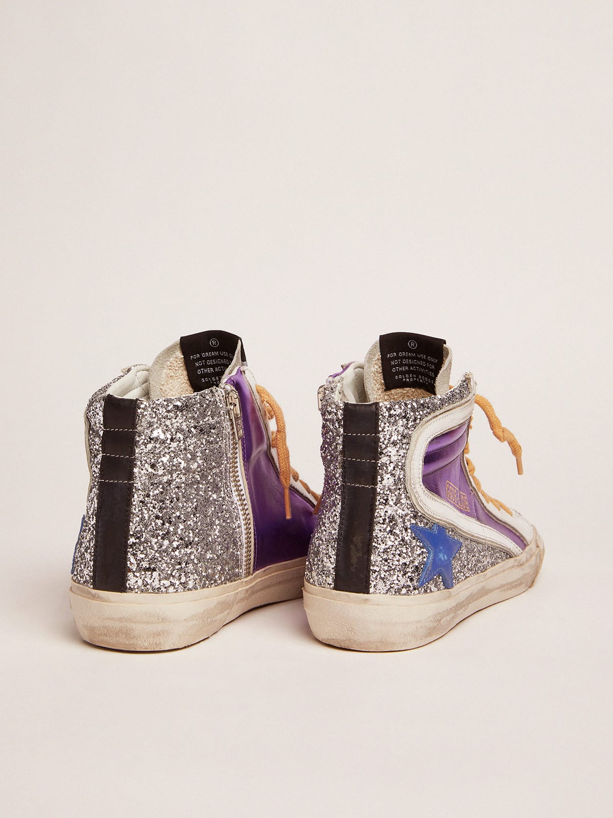 Slide sneakers with silver glitter and purple laminated leather upper