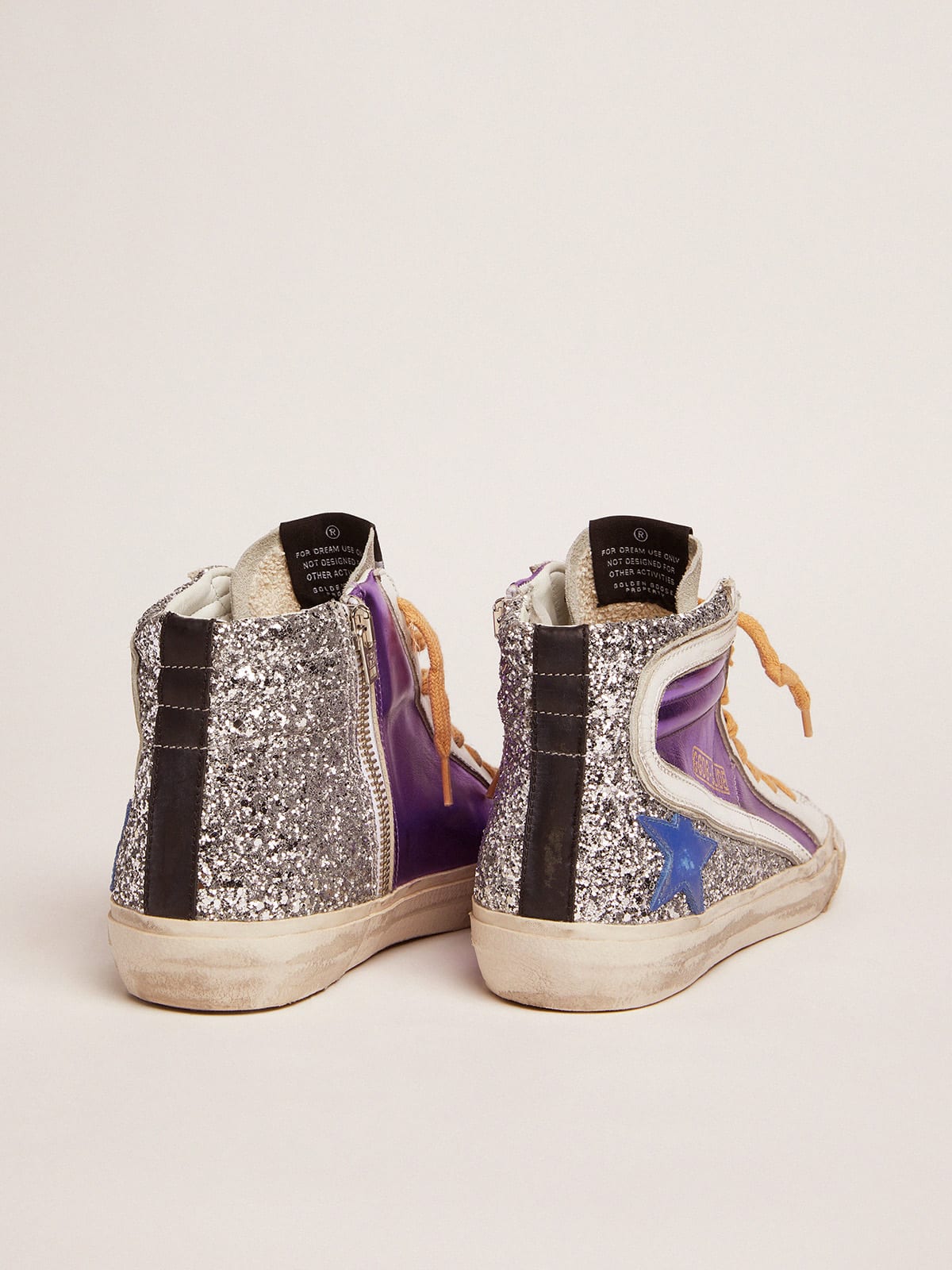 Slide sneakers with silver glitter and purple laminated leather upper |  Golden Goose