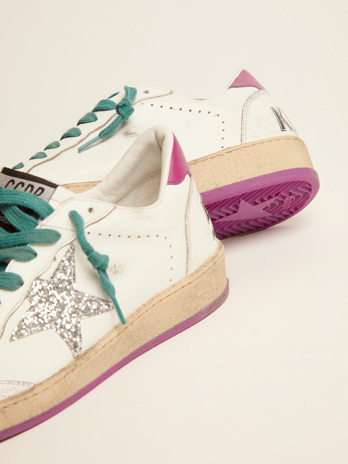 Ball Star LTD sneakers in leather with purple heel tab and silver star |  Golden Goose