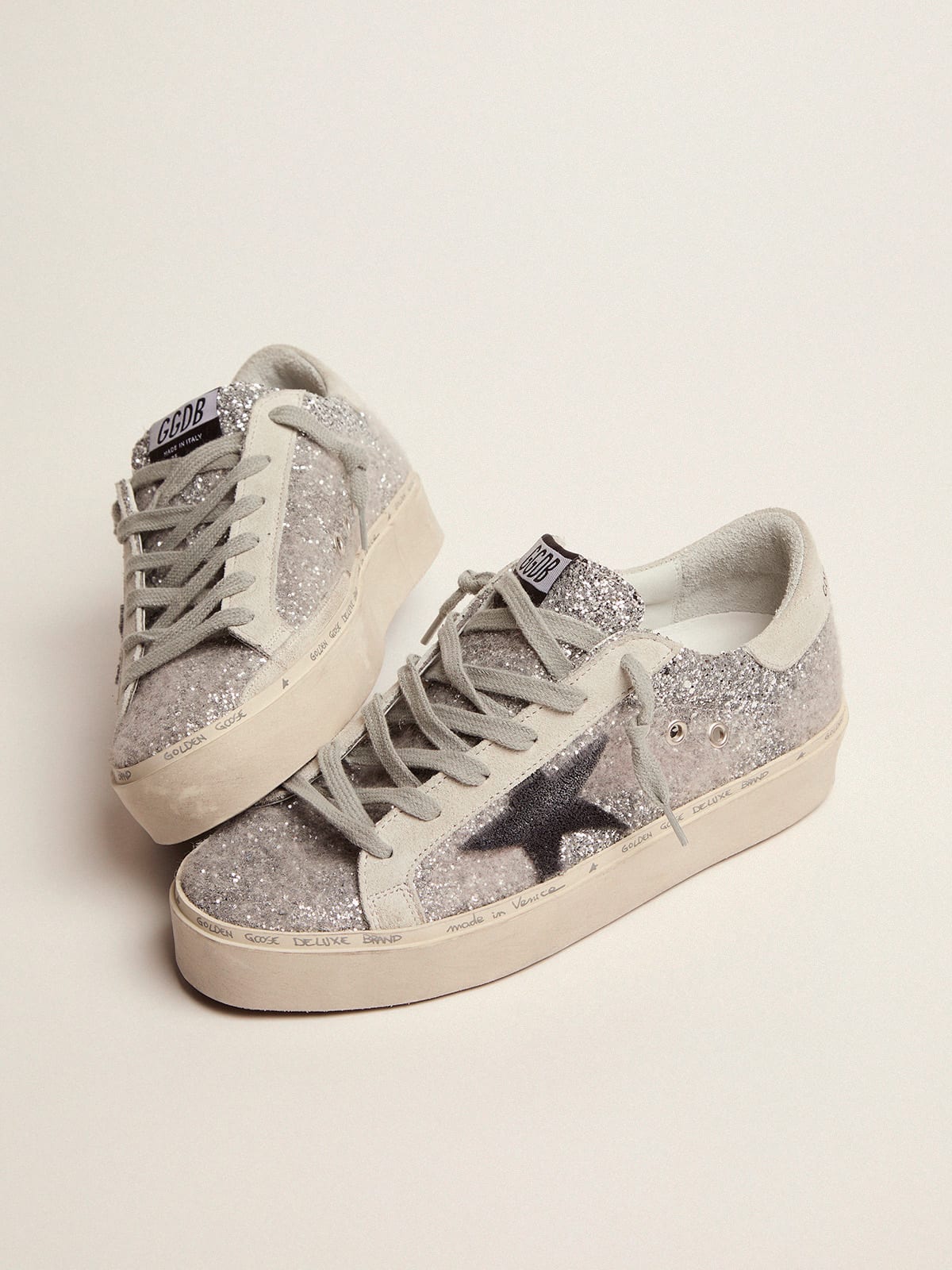 Golden Goose - Hi Star sneakers in silver glitter and wool and star with chenille embroidery in 