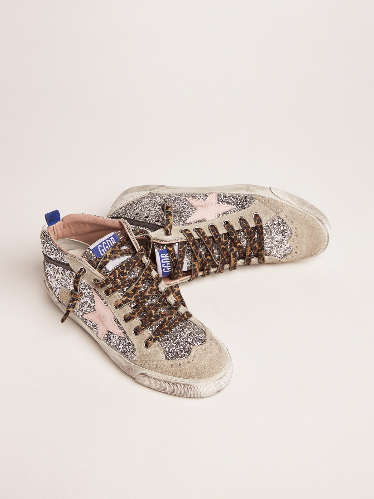 Mid Star sneakers with silver glitter upper and pale pink star | Golden  Goose