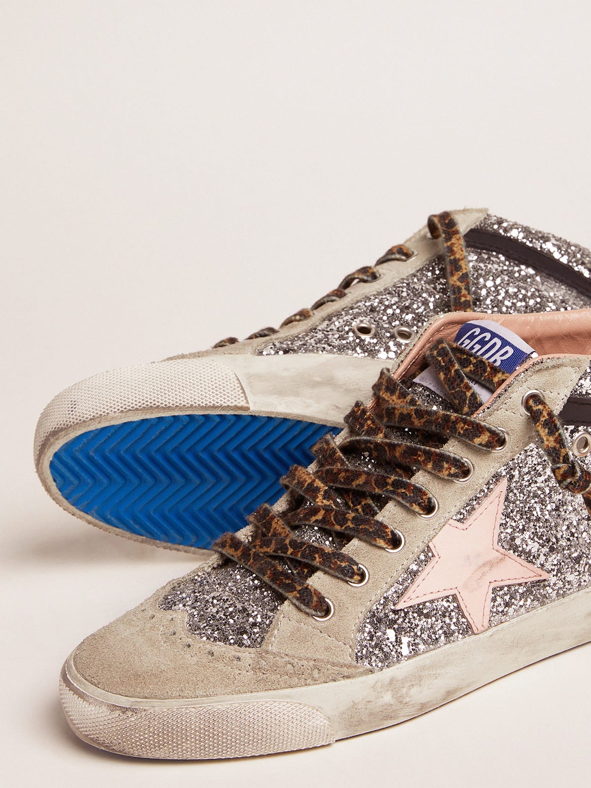 Mid Star sneakers with silver glitter upper and pale pink star | Golden  Goose