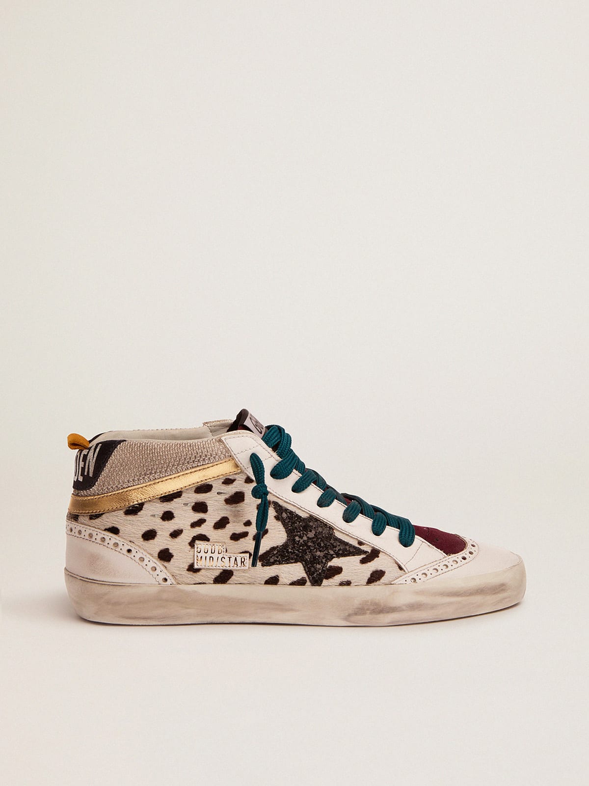 Mid Star sneakers with animal-print pony skin upper and glitter star |  Golden Goose