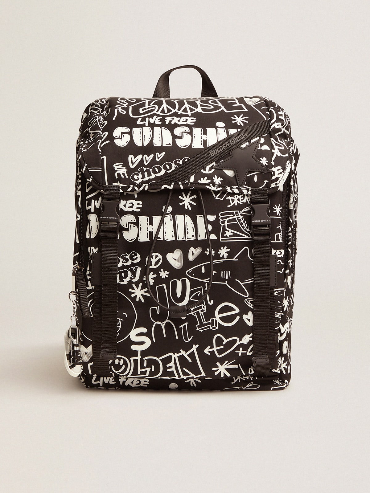 Journey backpack in black nylon with contrasting white decorations