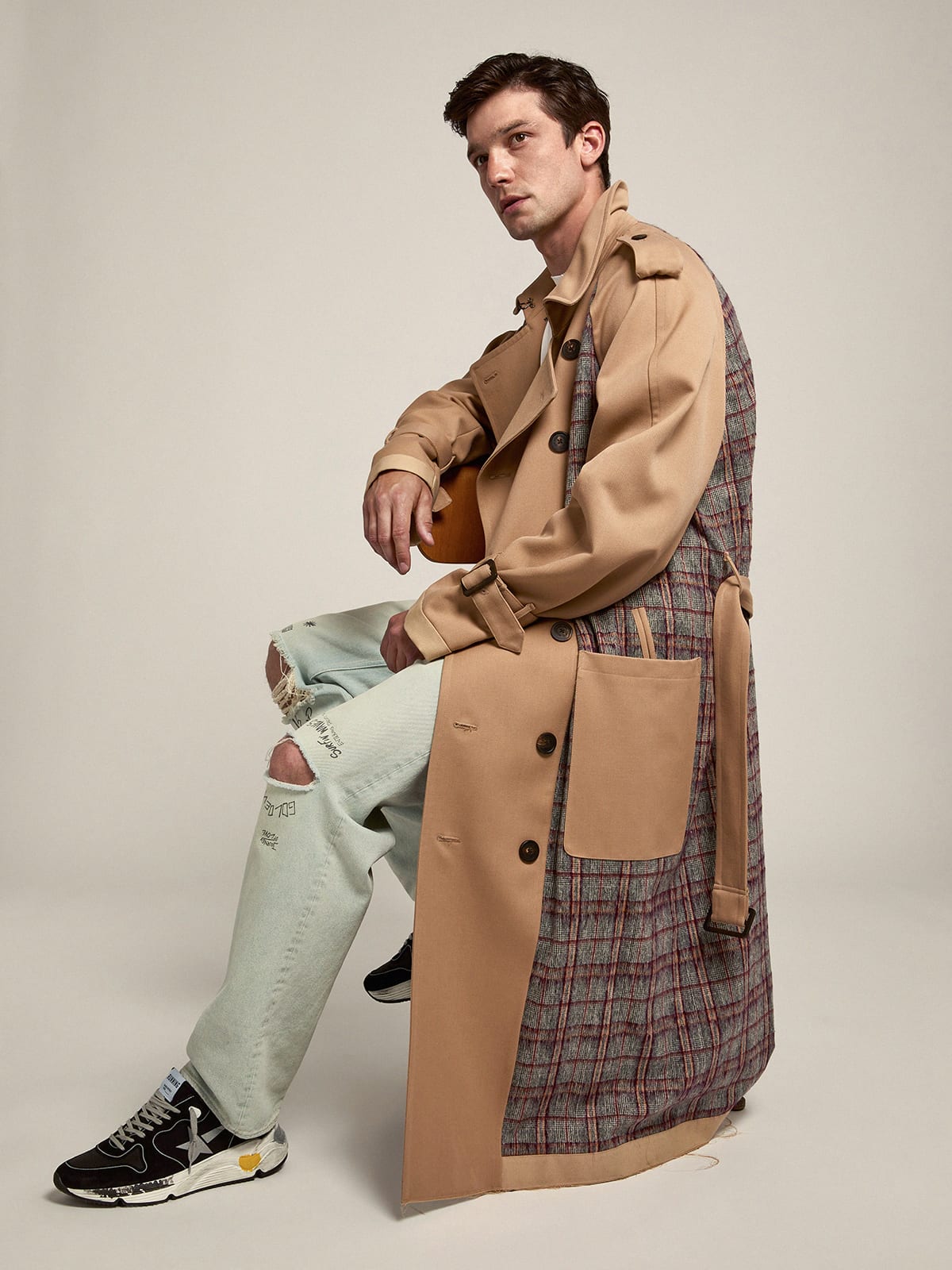 Trench coat with brushed wool inserts in a check pattern | Golden Goose