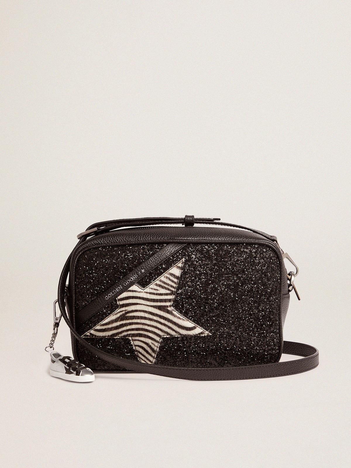 Golden Goose - Star Bag with black glitter and star in zebra-print pony skin in 