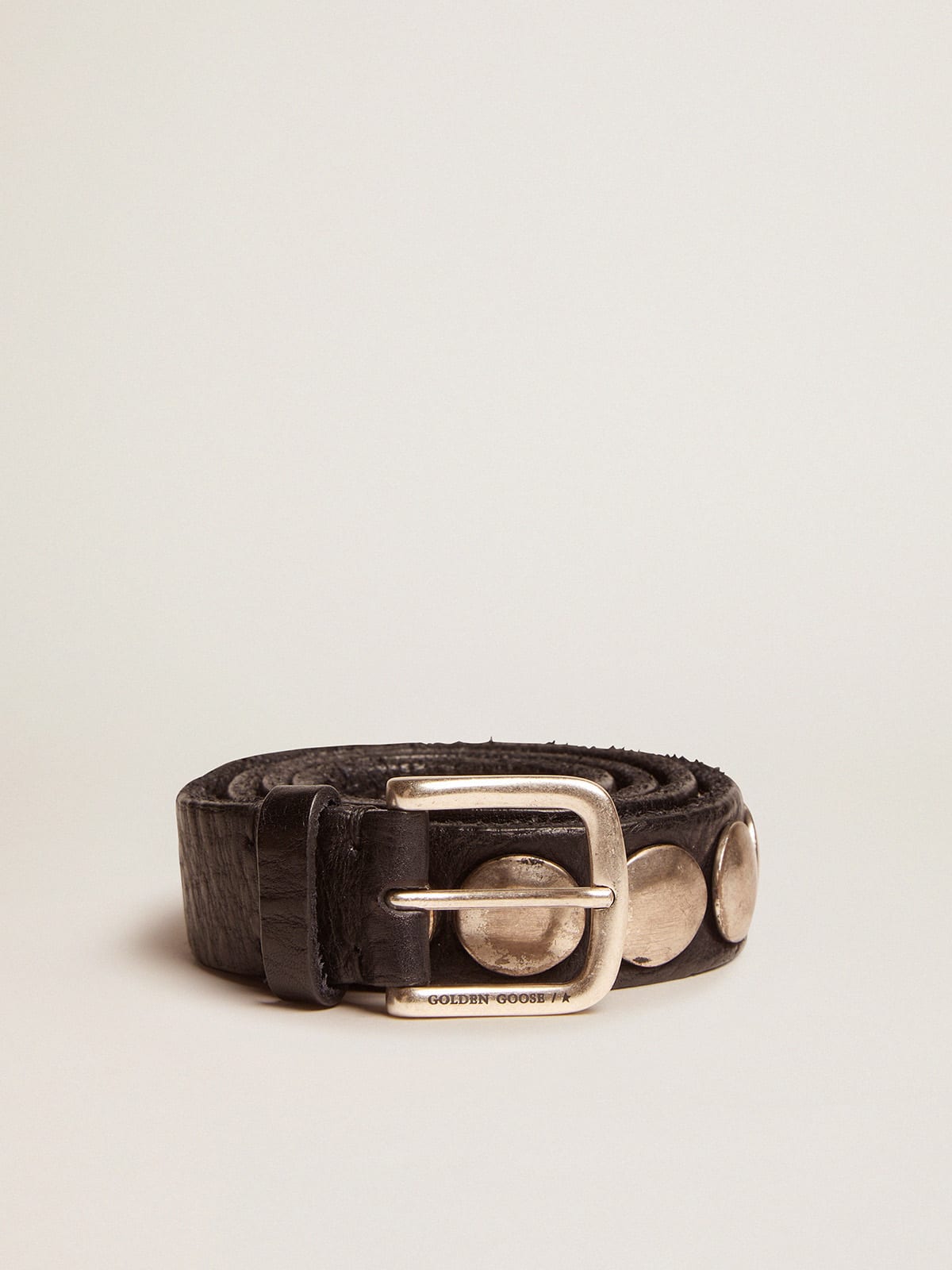 Golden Goose - Black Trinidad belt in washed leather with aged silver color studs in 