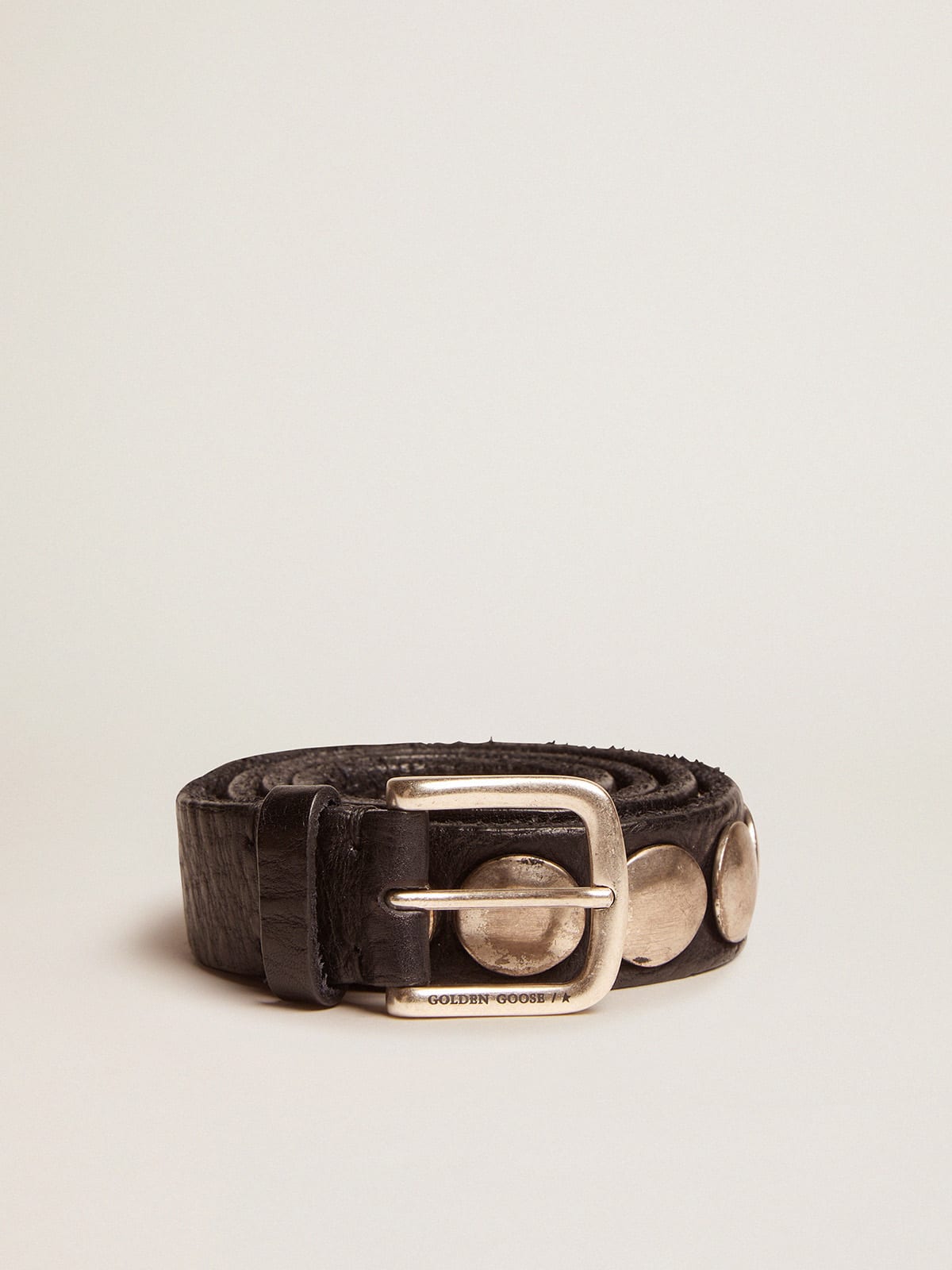 Women's black Trinidad belt in washed leather with silver studs