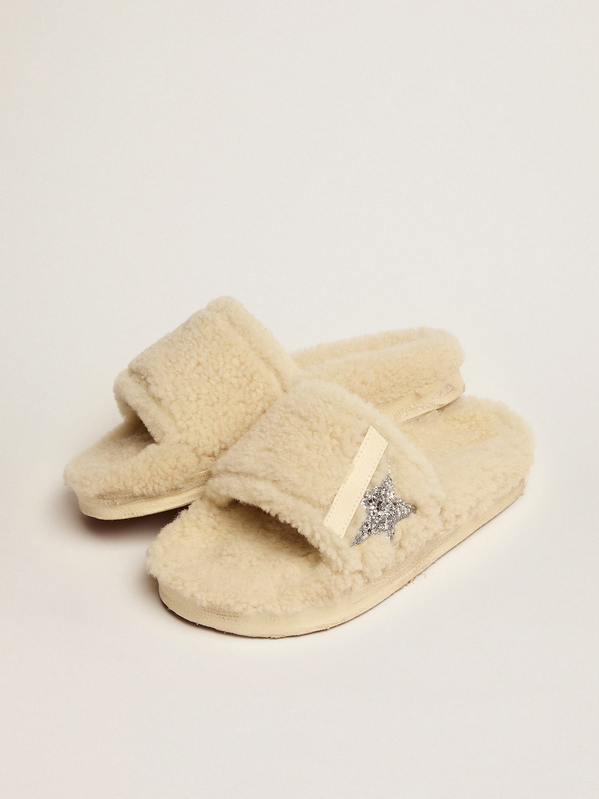Golden Goose - Beige shearling Poolstars with silver glitter star in 