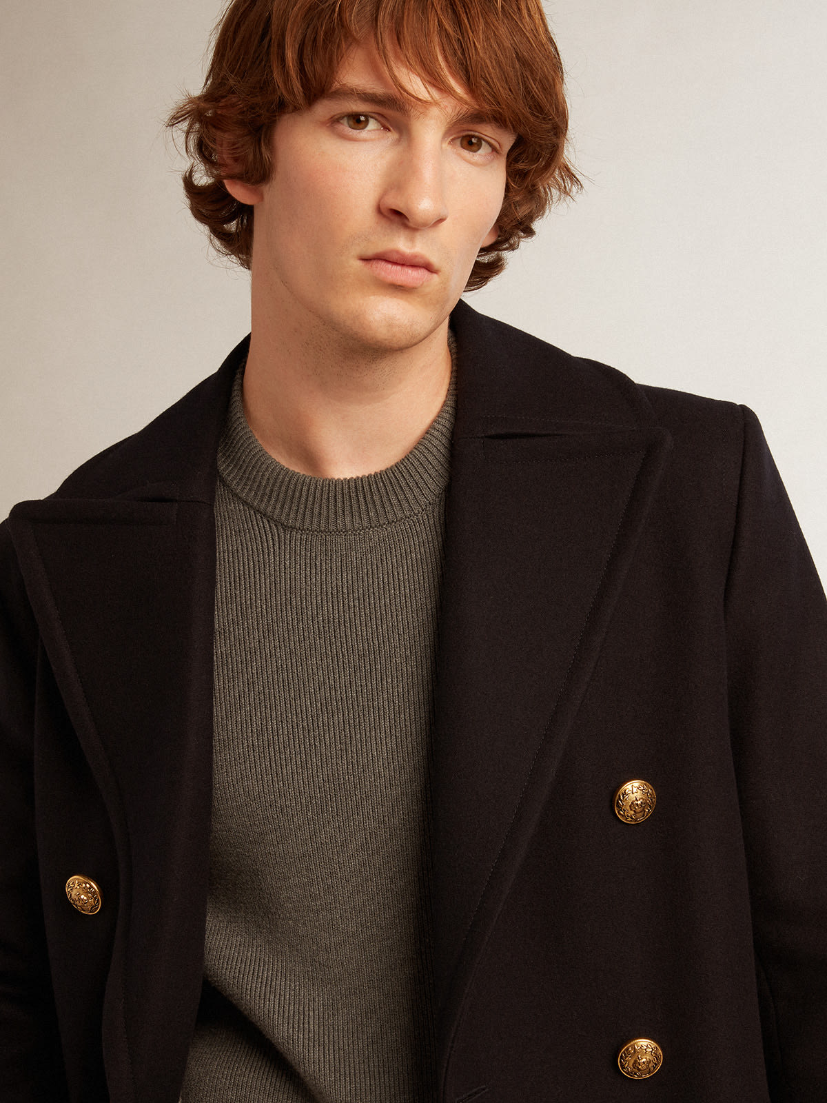Golden Goose - Men's double-breasted coat in dark blue wool with gold-colored buttons in 