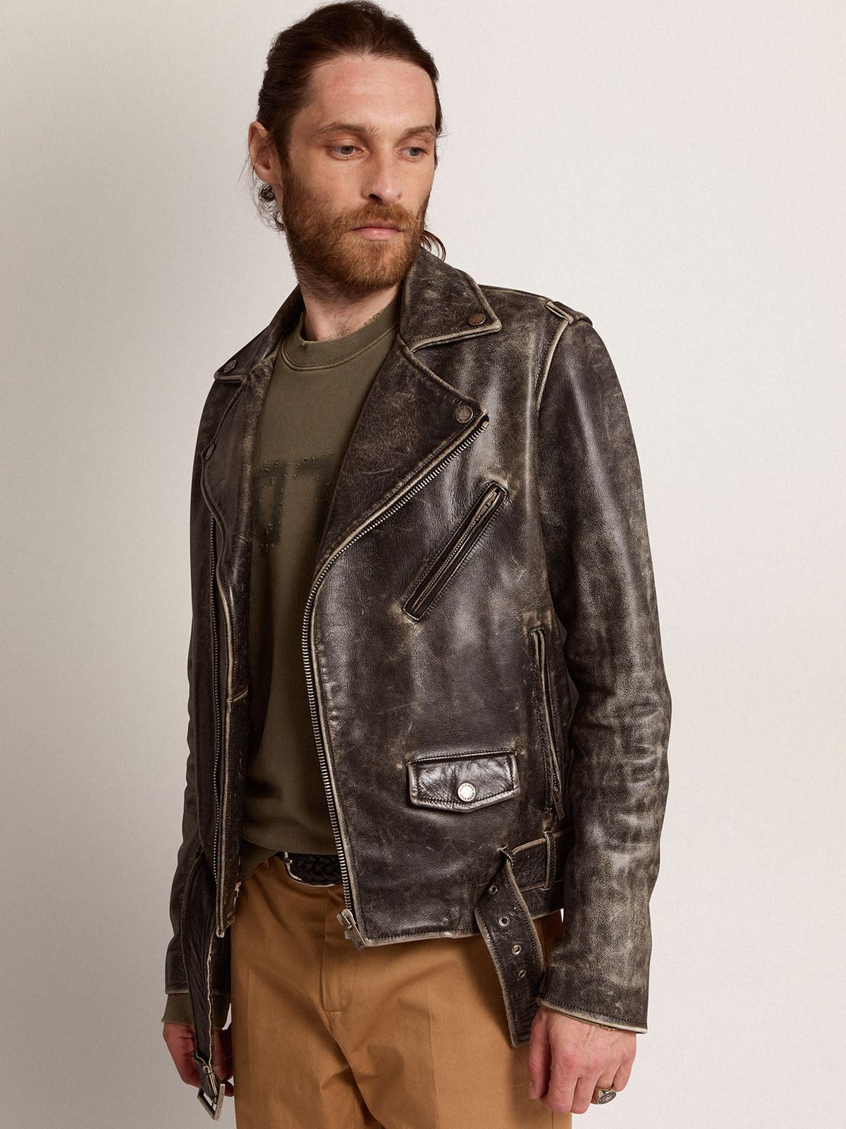 Golden Goose - Men's biker jacket in distressed leather in 