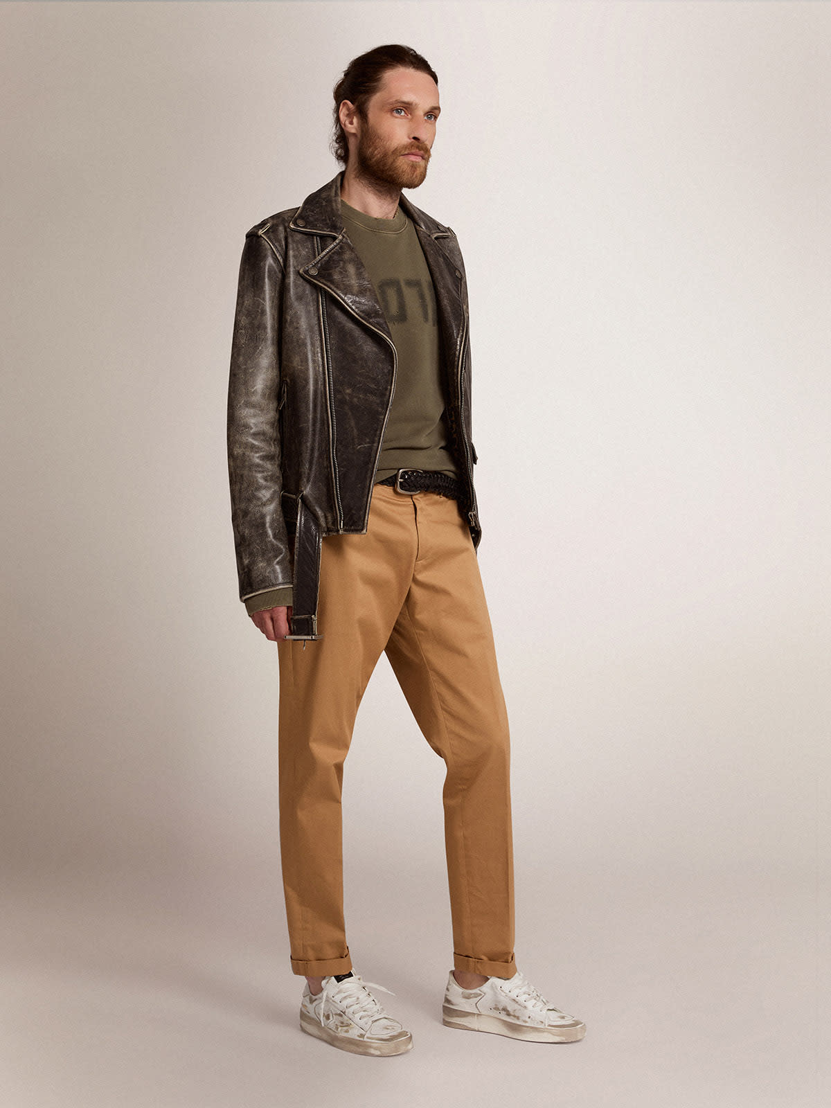 Golden Goose - Cazadora motera de piel con tratamiento desgastado para hombre in 