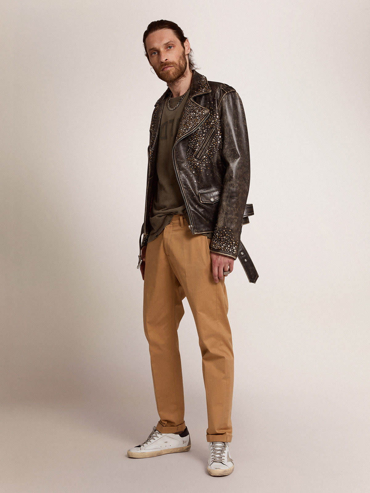 Golden Goose - Herren-Biker-Lederjacke mit gehämmerten Nieten und Klebeband in 