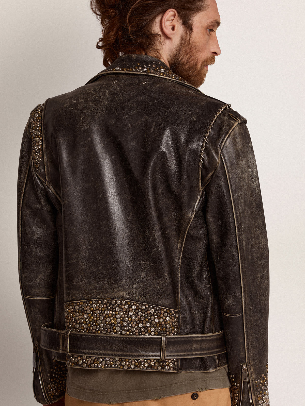 Golden Goose - Men's leather biker jacket with hammered studs and adhesive tape in 