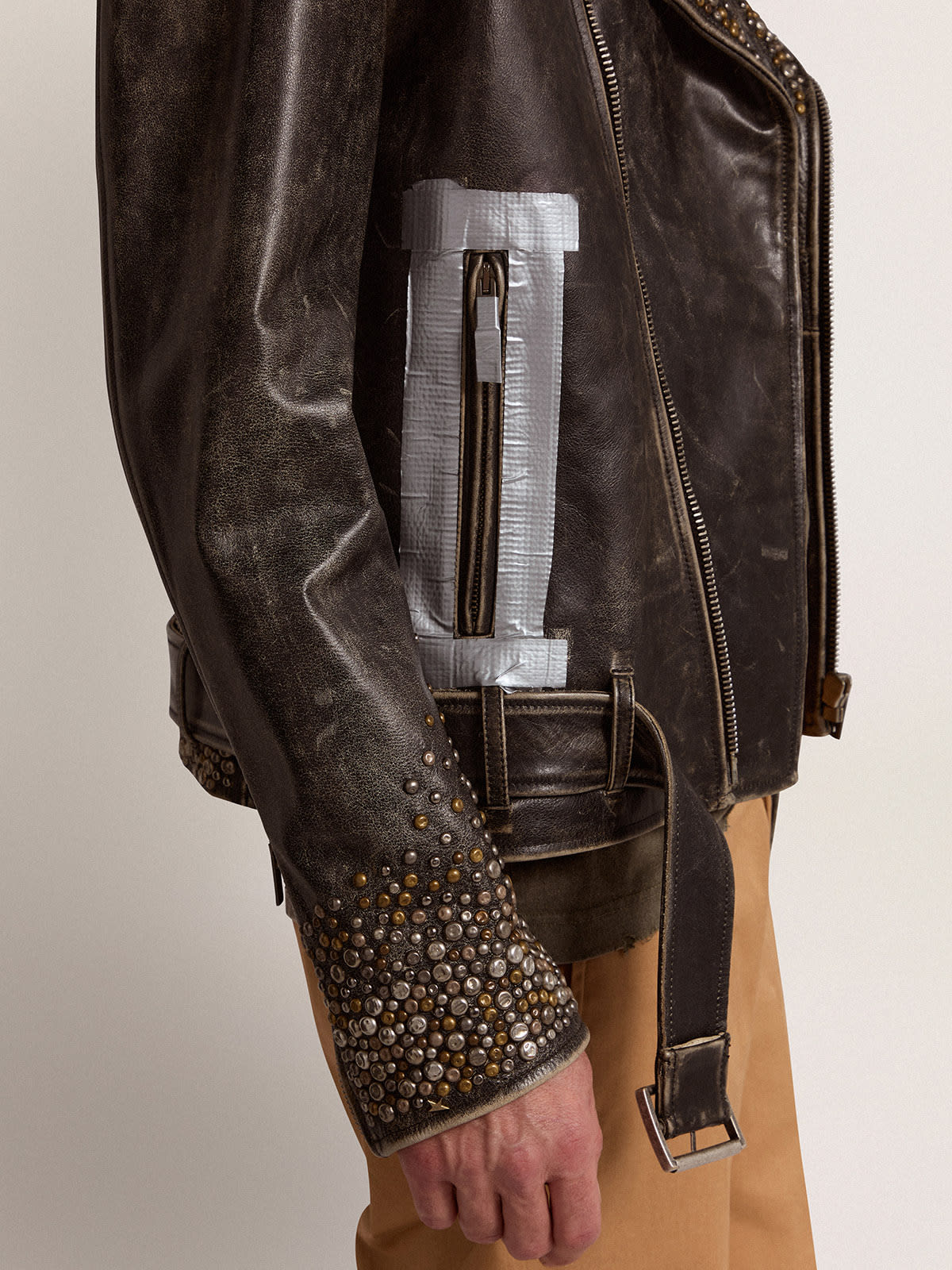 Golden Goose - Leather biker jacket with hammered studs and adhesive tape in 