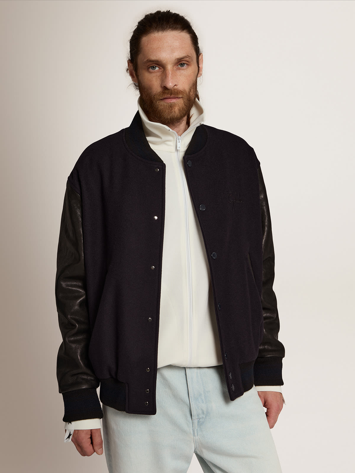 Golden Goose - Men's bomber jacket in dark blue wool with leather sleeves in 