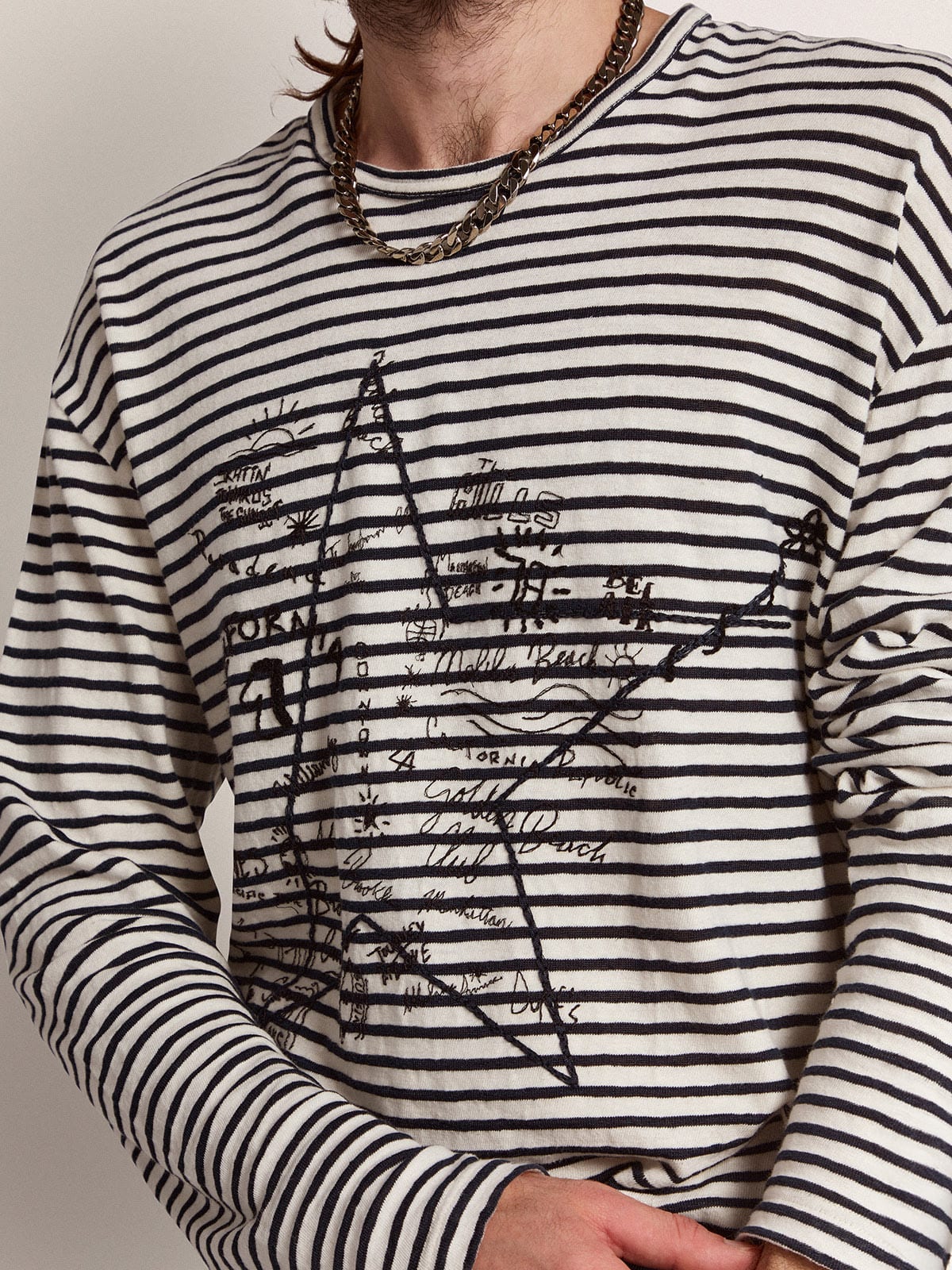 Golden Goose - Golden Collection T-shirt with white and blue stripes and embroidery on the front in 