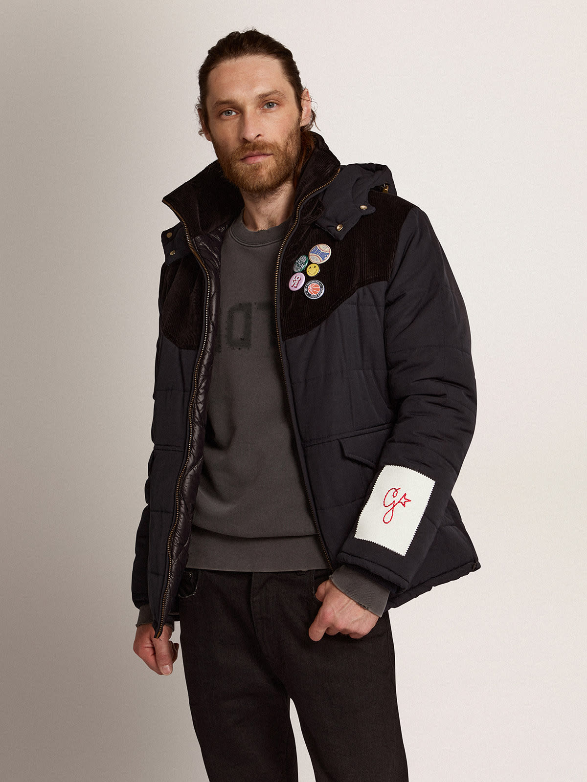 Golden Goose - Padded jacket in dark blue nylon and black cotton corduroy in 