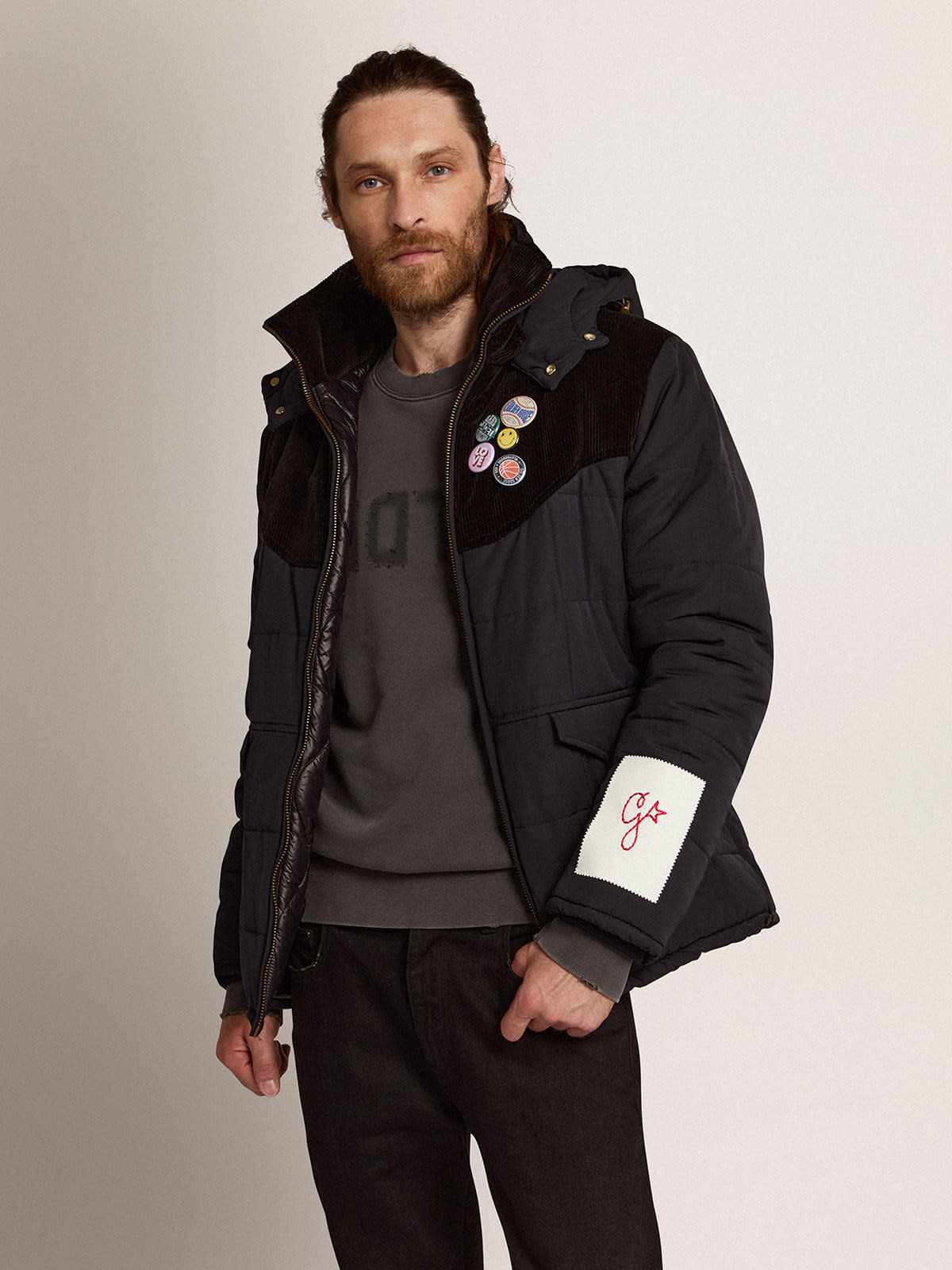 Golden Goose - Men's padded jacket in dark blue nylon and black cotton corduroy in 