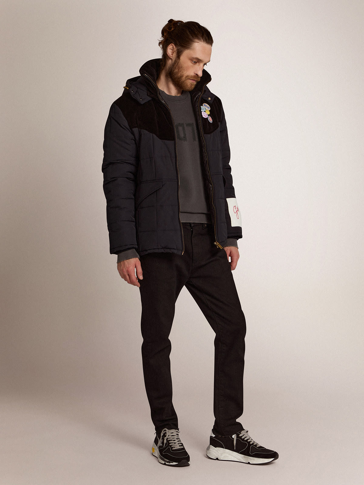 Men's padded jacket in dark blue nylon and black cotton corduroy