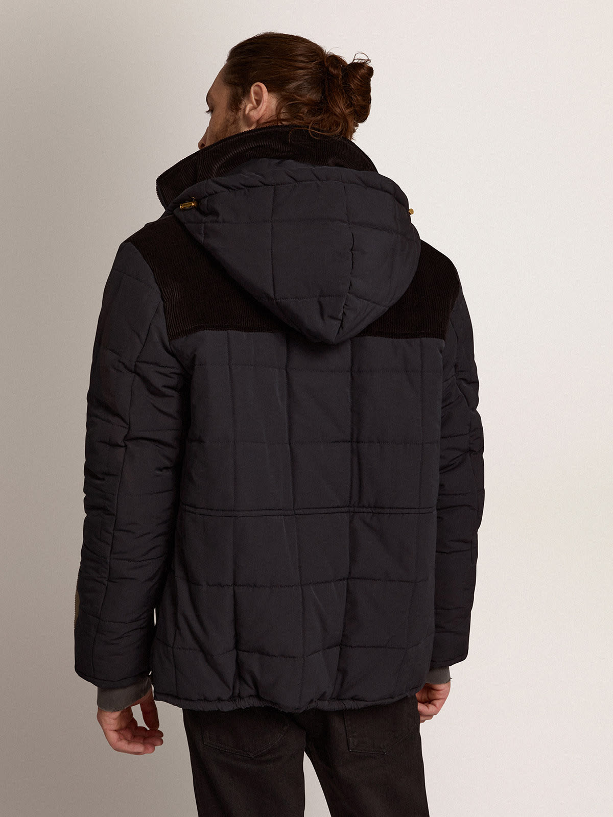 Men's padded jacket in dark blue nylon and black cotton corduroy