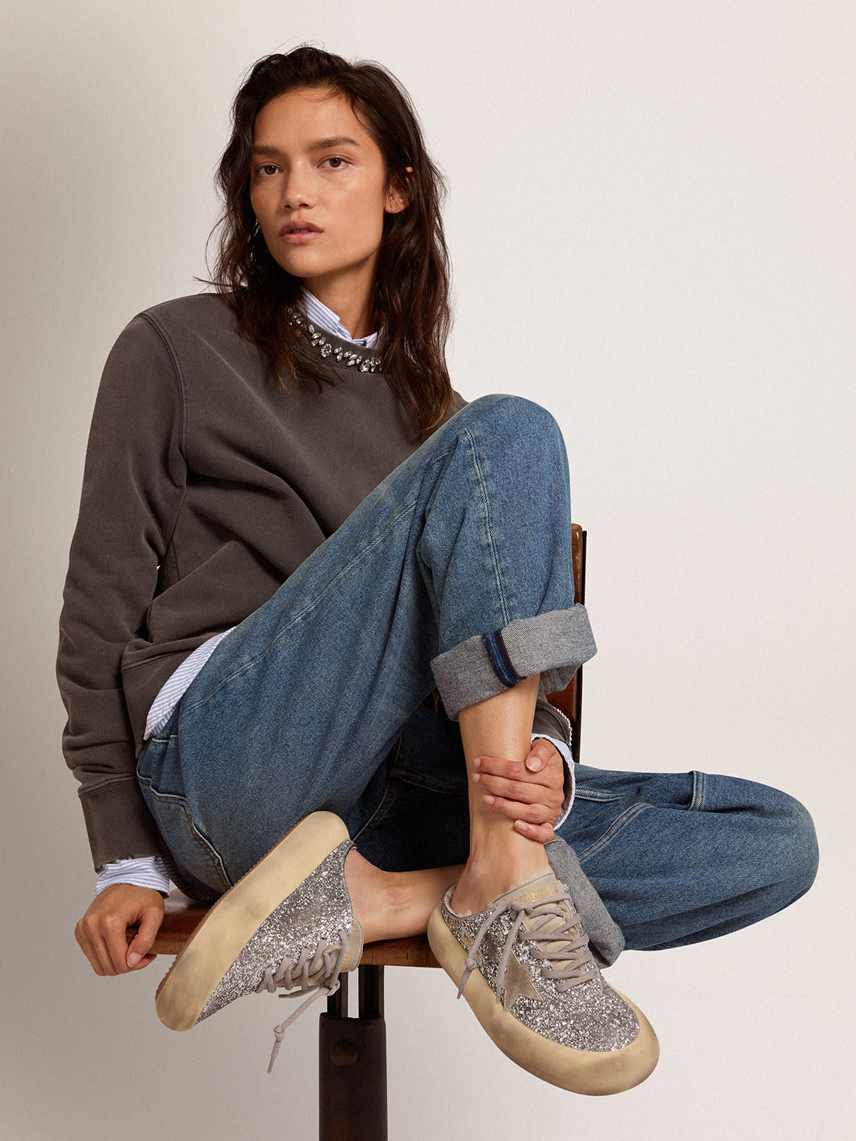 Golden Goose - Space-Star Sabot Donna in glitter argento e fodera in shearling in 