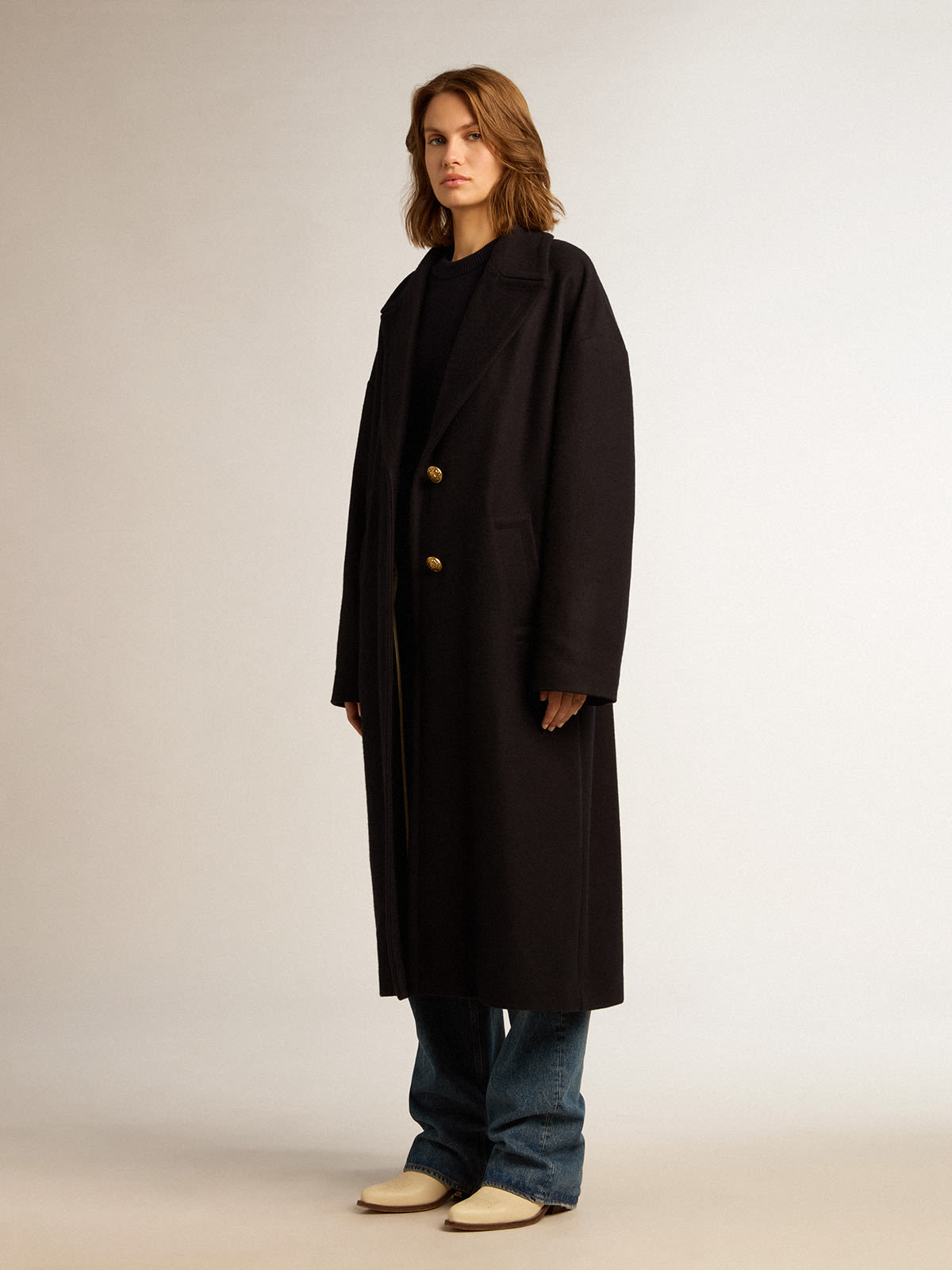 Golden Goose - Single-breasted cocoon coat in dark blue wool with gold-colored buttons in 