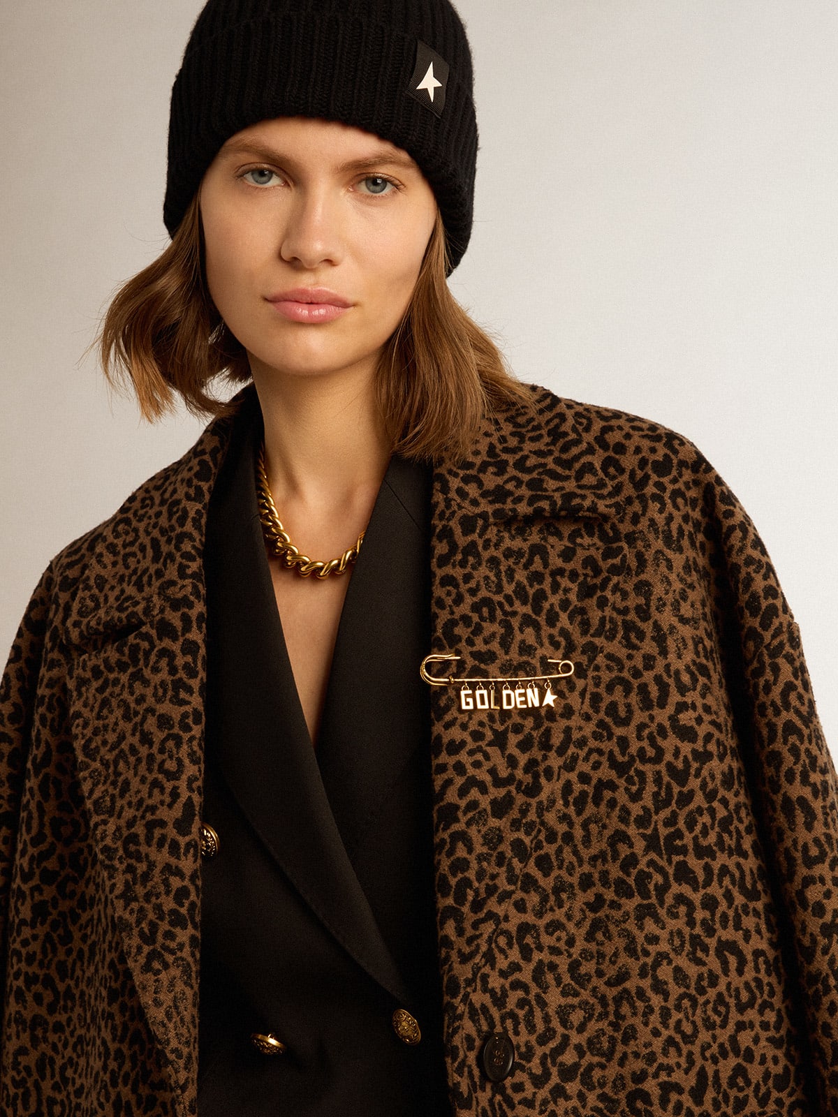 Single-breasted cocoon coat in wool with jacquard animal print