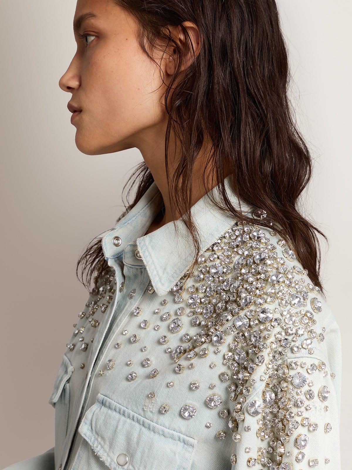 Golden Goose - Golden Collection bleached denim boyfriend shirt with cabochon crystals in 