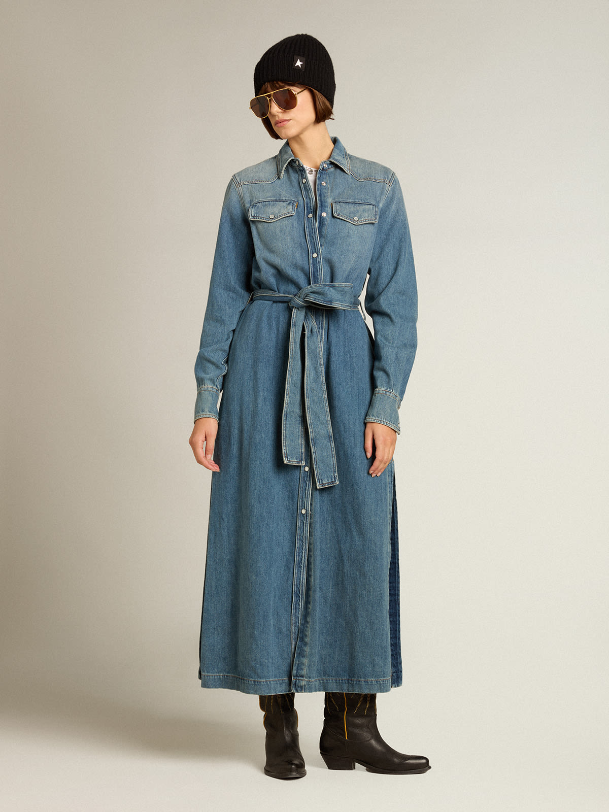 Golden Goose - Women's shirt dress in denim with belt in 