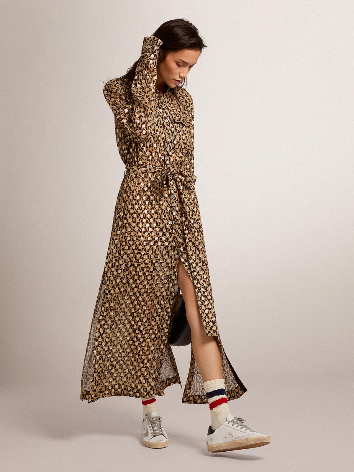 Women's shirt dress with animal print and gold fil coupé