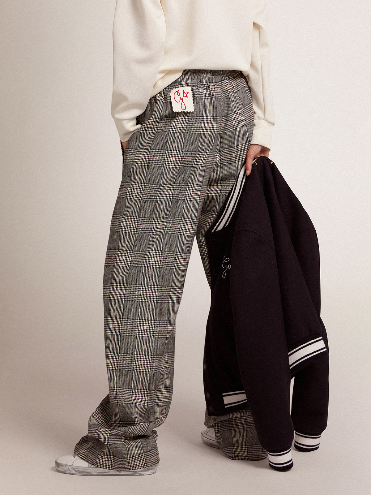 Wide-Leg Pants Gray Virgin Wool with Prince of Wales Motif