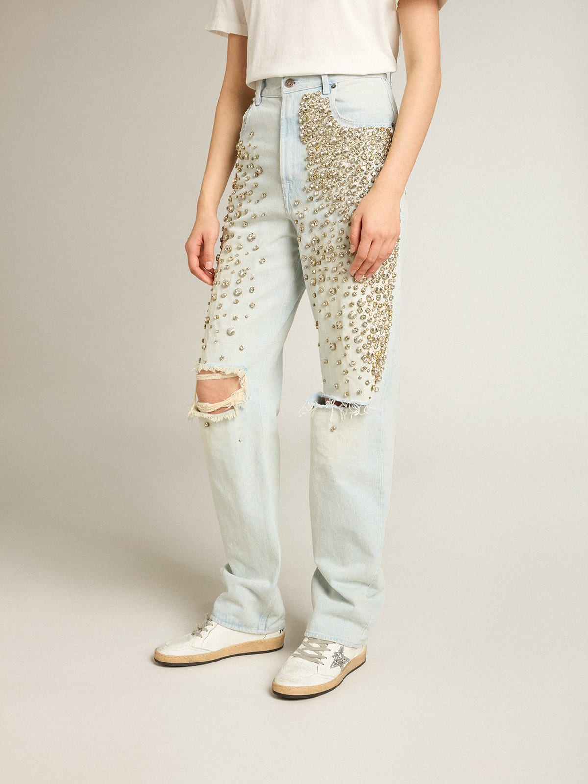 Golden Collection bleached Kim jeans with cabochon crystals | Golden Goose