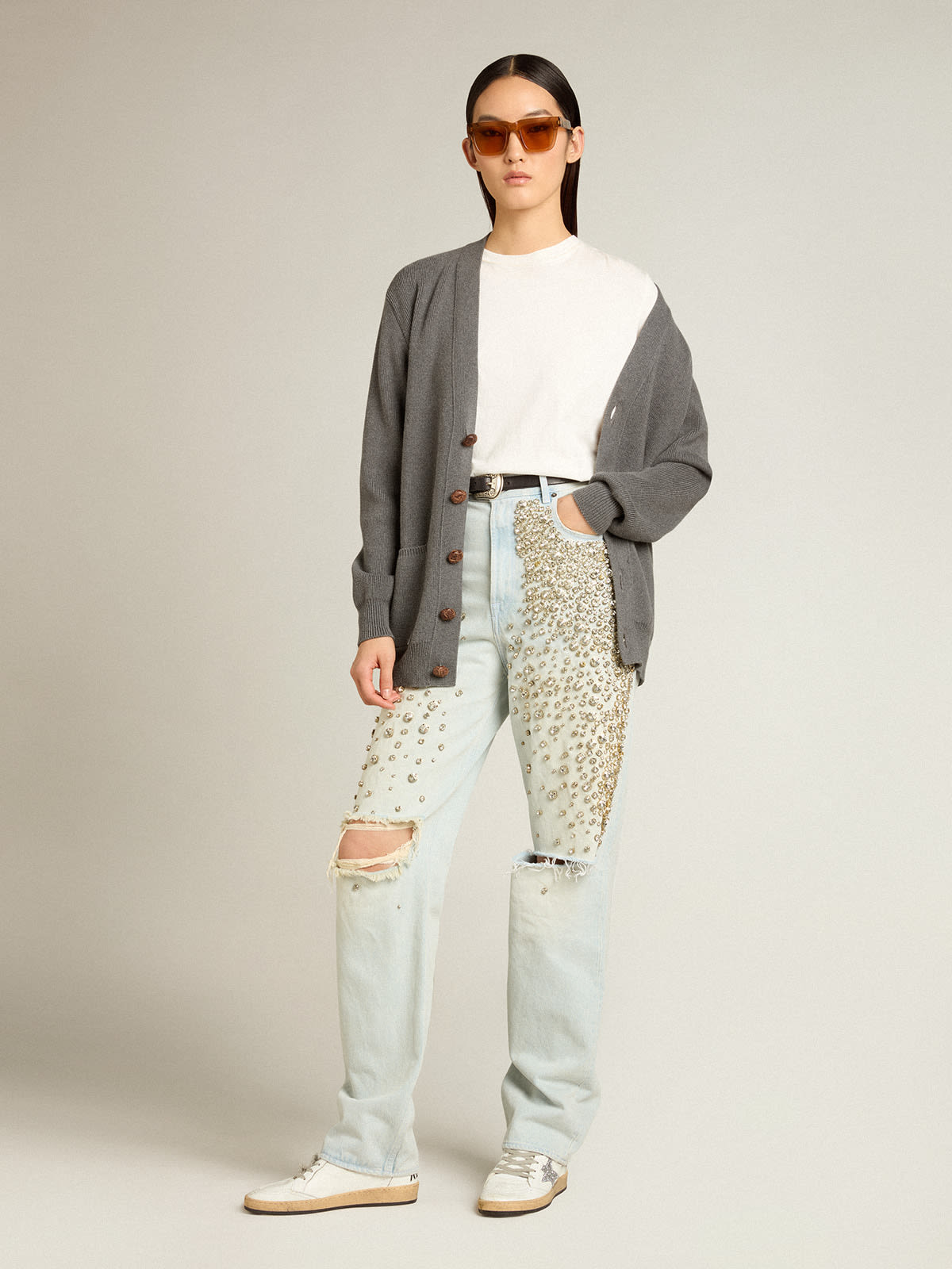 Golden Goose - Calça jeans feminina desbotada com cristais cabochão in 