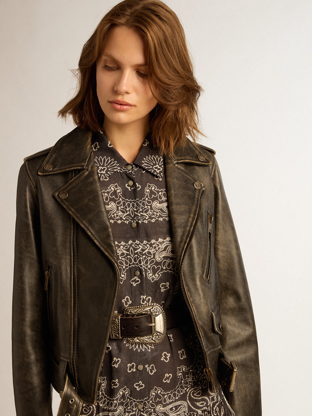 Golden Goose - Women’s biker jacket in distressed leather in 