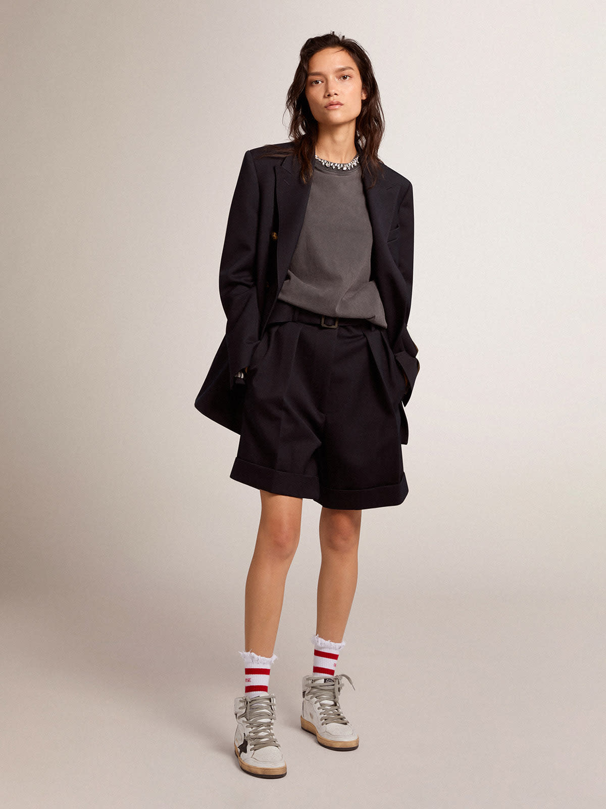 Golden Goose - Golden Collection shorts in black wool gabardine with belt at the waist in 