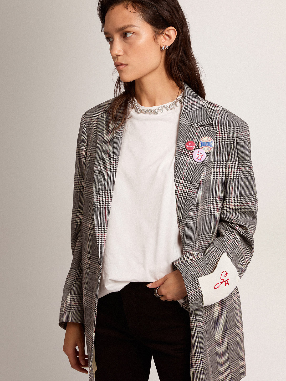 Golden Goose - Women’s Golden Collection single-breasted blazer in gray and white Prince of Wales check in 