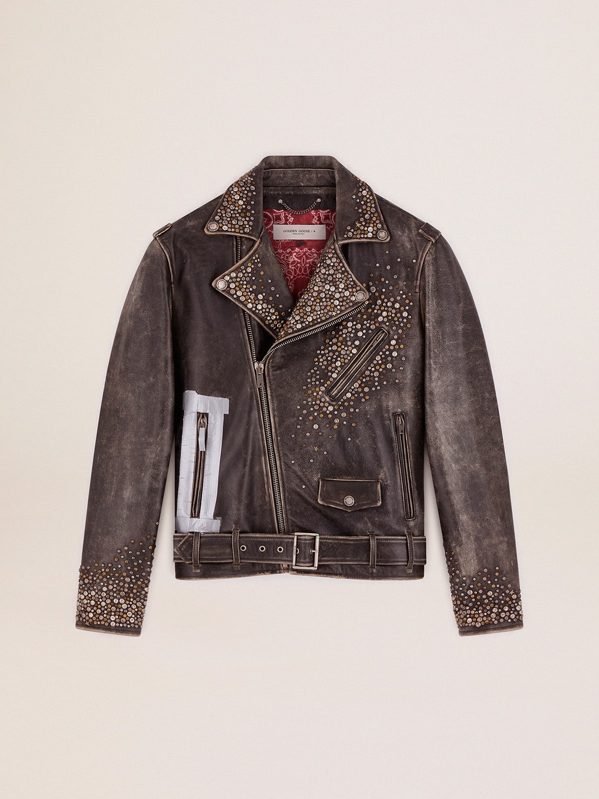 Golden Goose - Men's leather biker jacket with hammered studs and adhesive tape in 