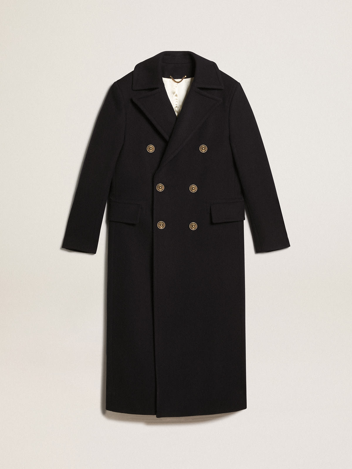 Men's double-breasted coat in dark blue wool with gold-colored buttons