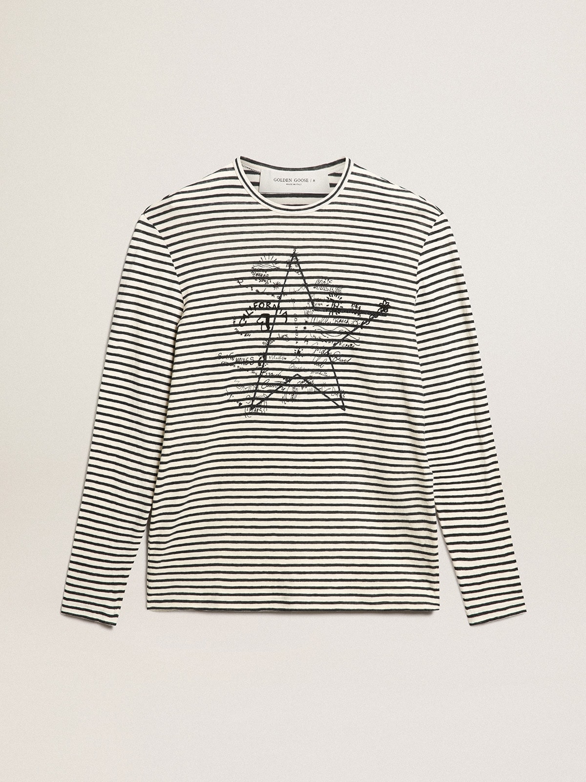 Golden Goose - Men's T-shirt with white and blue stripes and embroidery on the front in 