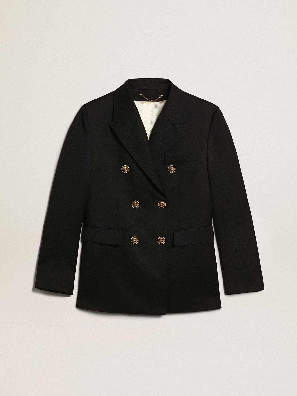 Women's black double breasted blazer with gold clearance buttons