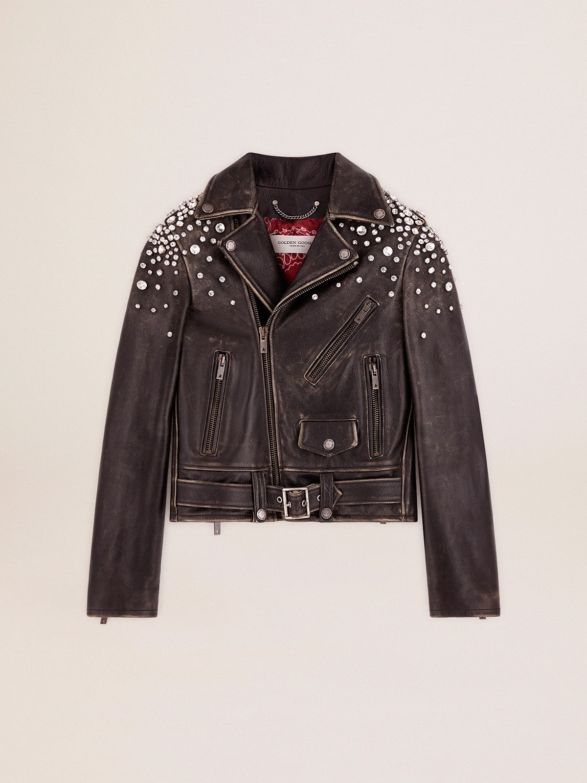 Golden Goose - Biker jacket in distressed leather with cabochon crystals in 