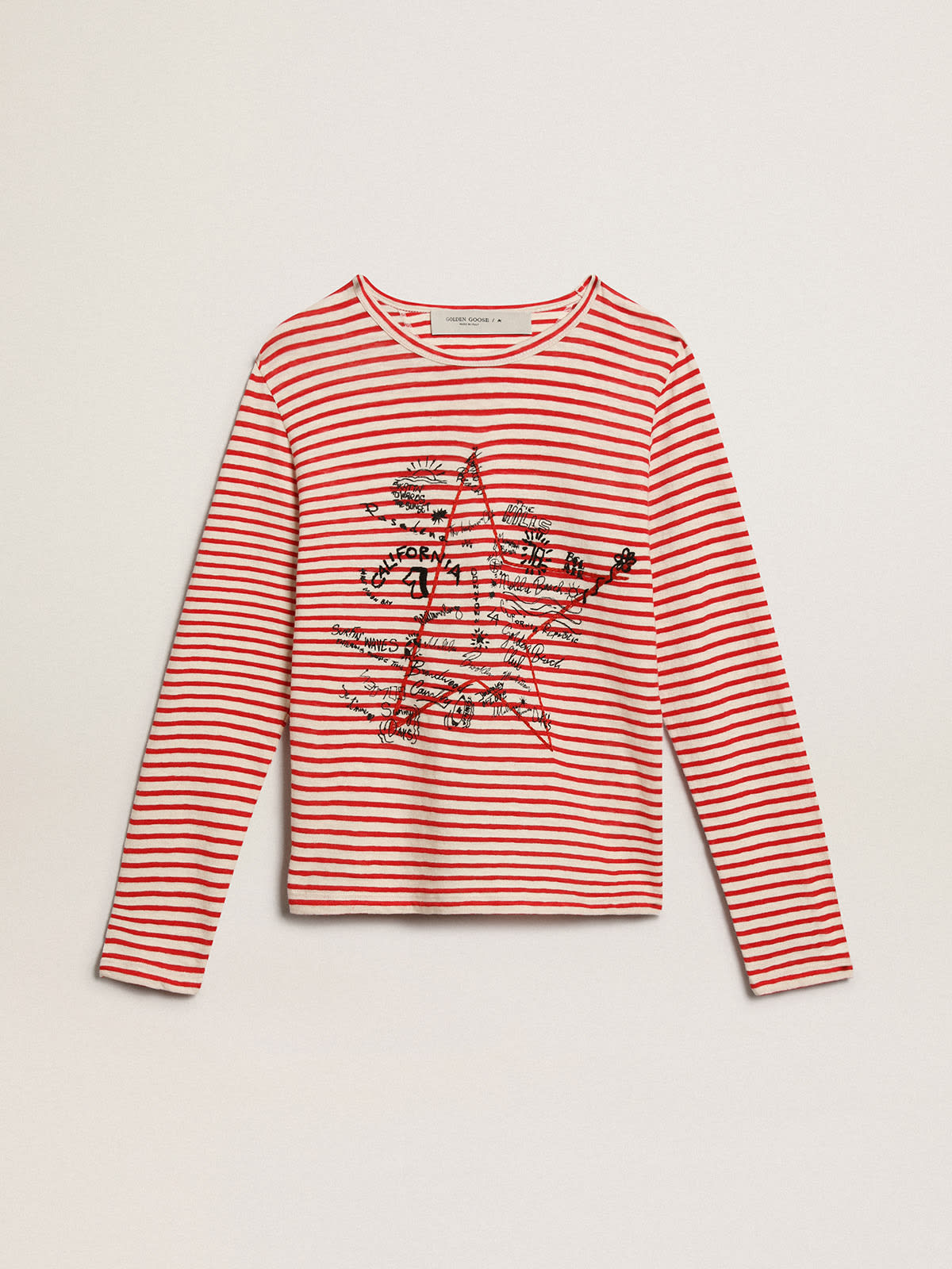 Golden Goose - T-shirt with white and red stripes and embroidery on the front in 