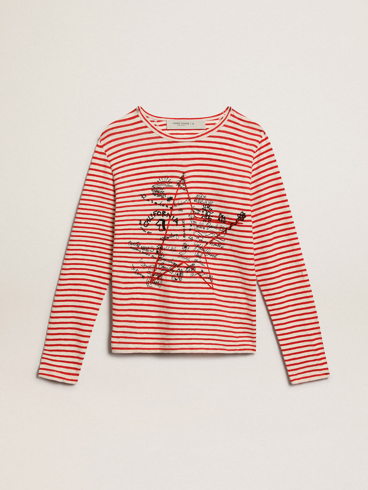 Women's T-shirt with white and red stripes and embroidery on the