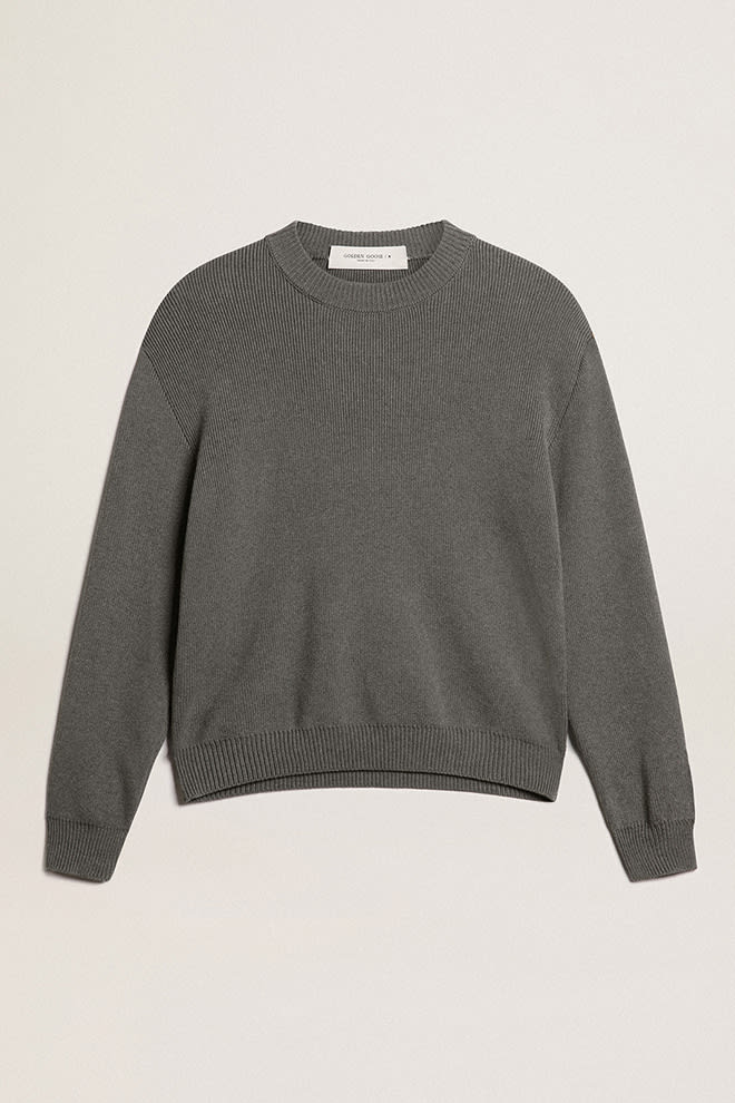 Maglione girocollo da donna in cotone grigio scuro con logo sul retro