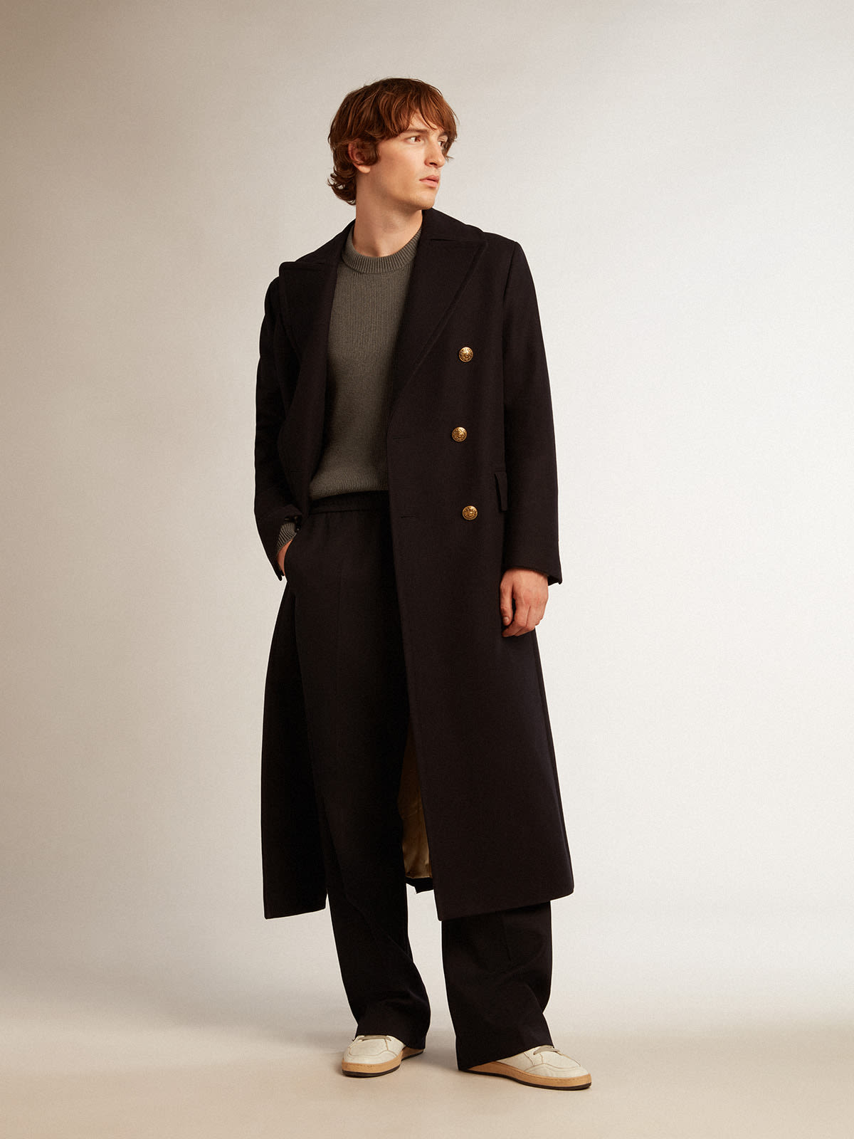 Golden Goose - Men's double-breasted coat in dark blue wool with gold-colored buttons in 