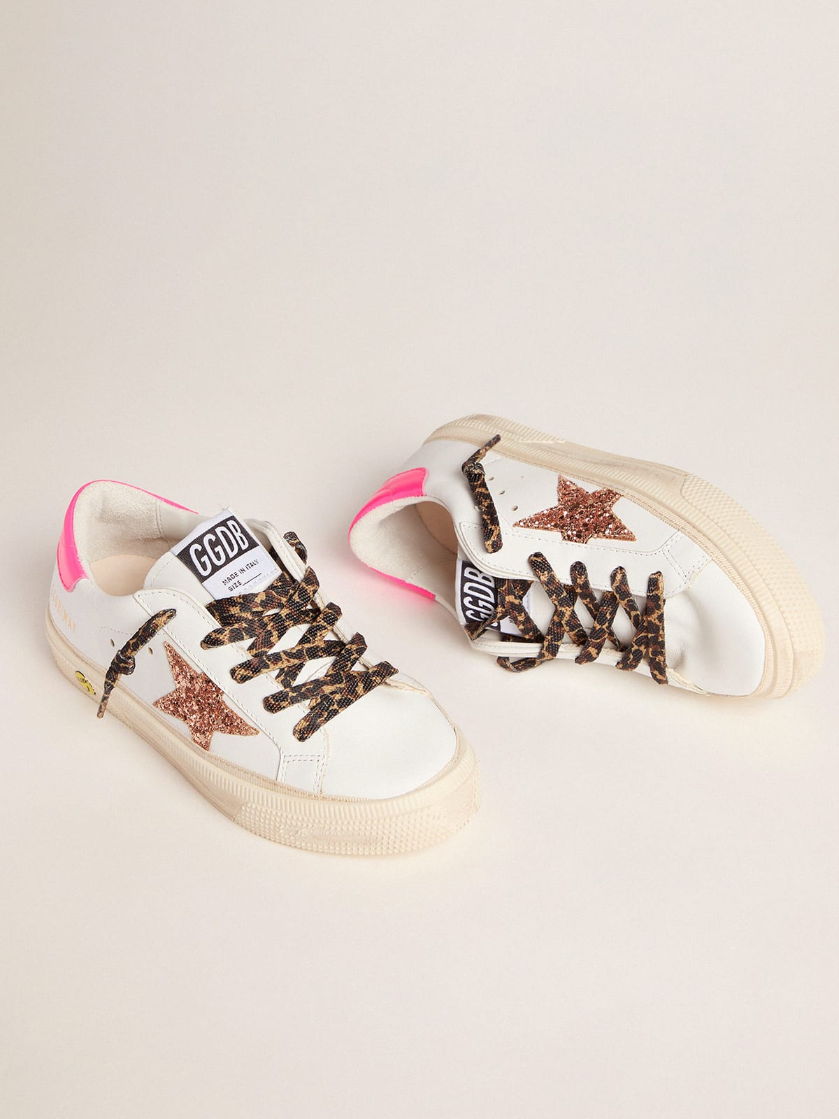 May sneakers with peach pink glitter star and leopard print laces