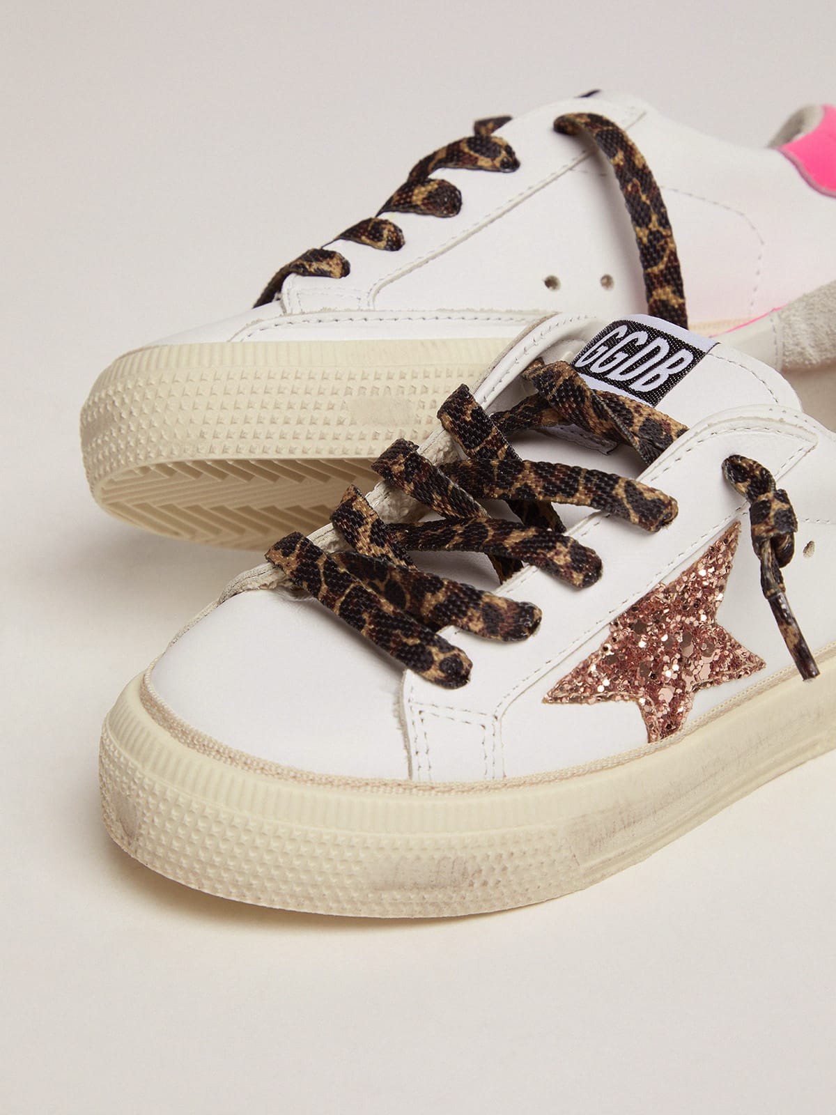 May sneakers with peach pink glitter star and leopard print laces