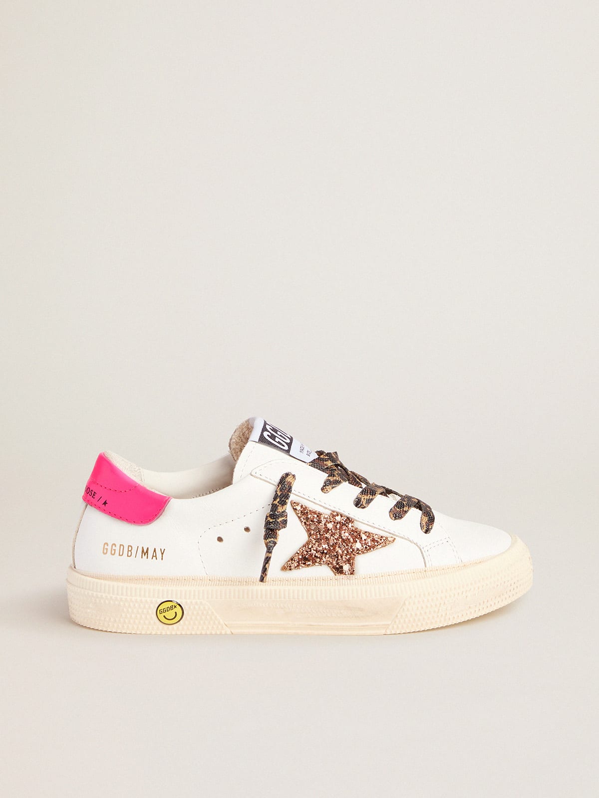 May sneakers with peach pink glitter star and leopard print laces