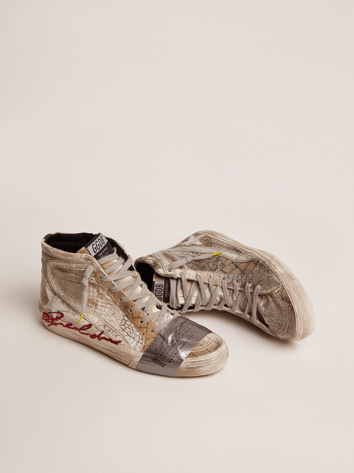Golden Goose - Slide LAB sneakers with silver velvet upper and crocodile print   in 